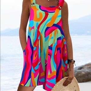 Hot Pink & Mint Abstract Pleated Button-Strap Romper